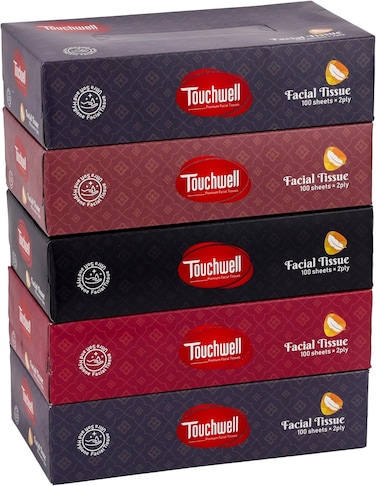 Touchwell Tissue Box 100 Sheet Each Box 2-Ply 5 Pcs Combo Pack Facial Tissue