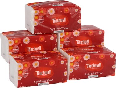 Touchwell Soft Facial Tissue Embossed 400 Sheet Single 200 Count 2 Ply 5 Box Combo 180X180mm