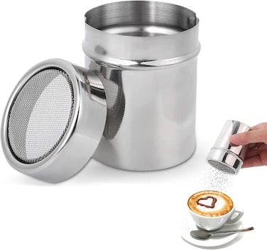 Icing Sugar Shaker, Cocoa Shaker, Stainless Steel Powder Shaker with Lid, Chocolate Shaker for Cappuccino Chocolate Powder Sugar Cinnamon Flour Salt Spice
