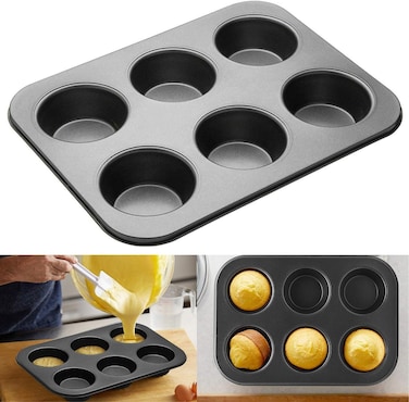 Non-Stick 6 CUP Muffin Pan, Carbon Steel Cupcake Baking Tray, Oven-Safe, Easy Release &amp; Easy Clean, Ideal for Muffins, Cupcakes &amp; Mini Cakes" " Black