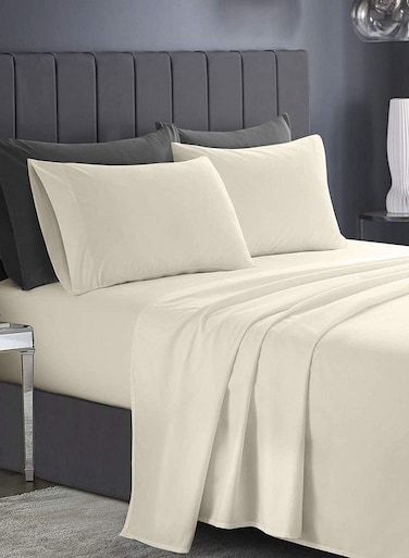 RISHAHOME 3-Piece King Fitted Bedsheet Set &ndash; Beige, Deep Pocket, Microfiber, with 2 Pillowcases