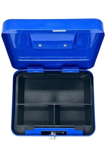 8" Steel Cash Box with Lock &ndash; Blue, Epoxy Powder Coating, Internal Tray, Nickel Handle, 2 Keys