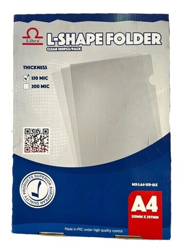 A4 L-Shape Clear Folder, 150 Micron, 210mm x 297mm, 100pcs/Pack &ndash; Durable Plastic Sleeves