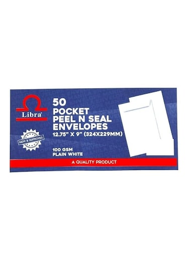 50-Pack Peel &amp; Seal Envelopes &ndash; 12.75" x 9" (324x229mm), 100 GSM White, Self-Adhesive Closure