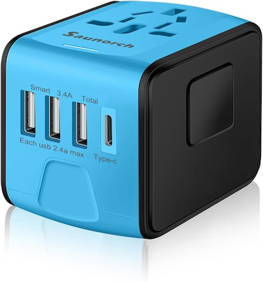 SAUNORCH Universal International Travel Power Adapter W/High Speed 2.4A USB-A, 3.0A USB-C Wall Charger, European Adapter, Worldwide AC Outlet Plugs Adapters for Europe, UK, US, AU, Asia-Blue

