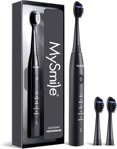 MySmile DY156 Electric Toothbrush for Adults, Rechargeable Sonic Battery Toothbrush Portable with 3 Brush Heads, 2 Mins 5 Modes Smart Timer, 45000VPM, One Charge for 60 Days (Black, M)