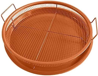 Round Crispy Frying Basket with Drip Tray &ndash; Copper Steel Mesh Deep Fry Basket with Handles for Fried Chicken, French Fries, Snacks &amp; Oil Straining