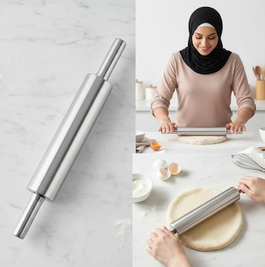 Stainless Steel Rolling Pin &ndash; Lightweight, Professional Dough Roller, Non-Stick &amp; Keeps Dough Cool, Ideal for Baking, Fondant, Pie Crust, Pizza &amp; Cookies