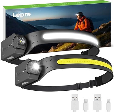 Lepro Headlamp Rechargeable 2-Pack, Super Bright Motion Sensor Headlight with 230&deg; Wide Beam, Adjustable Spotlight, Motion Sensor, 5 Modes, Waterproof Lightweight Lampe Frontale for Camping Running