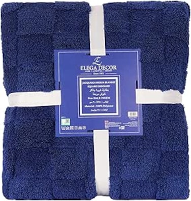Elega Decor Jacquard Sherpa Blanket, Double Size 200x220 cm, Square Embossed Design - Navy Blue