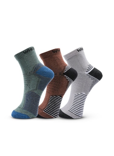3 Pack Half-Terry Ankle Socks - Free Size - Green, Light Grey and Brown