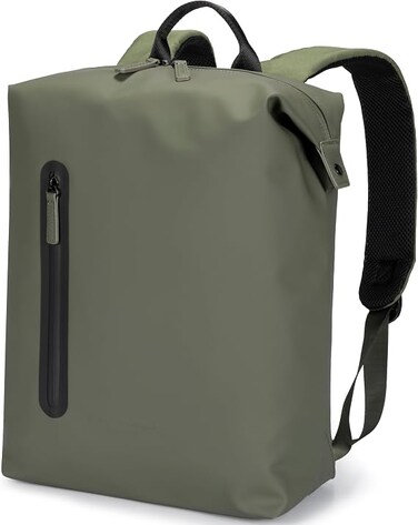 TOM CRUISER Matt PU Laptop Backpack for 15.6-Inch Laptop, PU & 600D Polyester Work Backpack with Front & Back Vertical Zip Pockets, Organizer Panel, Dark Green