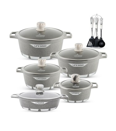 LIFE SMILE Cookware Set Granite Stone - Pots and Pans set Multi Layer Granite Non Stick Coating Cookware Sets 100% PFOA FREE, Kitchenware Cooking Sets and Frying Pans (Grey (17 Pieces))
