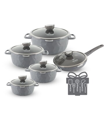 LIFE SMILE Cookware Set 16 pieces - Induction Bottom Pot and Pan set-Granite Non Stick Coating, Die Cast aluminum Body include Casseroles &amp; Fry Pan &amp; Kitchen Utensils, 100% PFOA FREE (Light Gray)