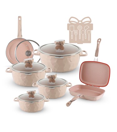 LIFE SMILE Cookware Set 18 pieces-Induction Base Pot and Pan set-Granite Non Stick Coating, Die Cast aluminum Body include Casseroles &amp; Fry Pan &amp; Double Grill Pan &amp; Tools, 100% PFOA FREE (Peach)