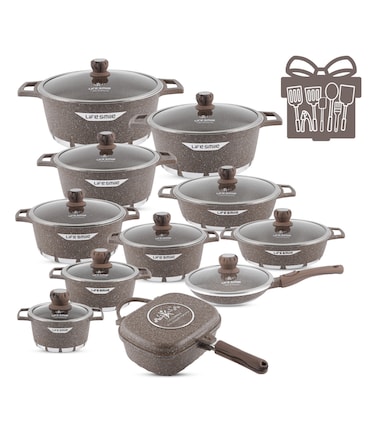 LIFE SMILE  29-Piece Granite Cookware Set - Pots &amp; Pans set Multi Layer Granite Non Stick Coating Cookware Sets Healthy 100% PFOA &amp; PFAS Free, Oven Safe Cooking Sets(Brown)