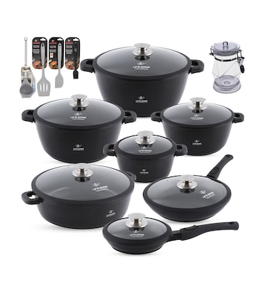 LIFE SMILE Cookware Set - Pots and Pans set Granite Non Stick Coating 100% PFOA FREE, Induction Base Cooking Set with Removable Silicone Handles - Oven Safe (Black Shine, 31 Pieces)