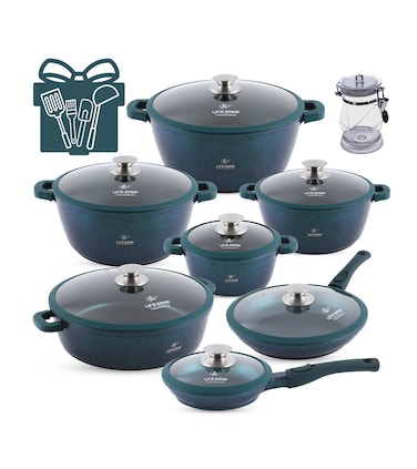 LIFE SMILE Cookware Set - Pots and Pans set Granite Non Stick Coating 100% PFOA FREE, Induction Base Cooking Set with Removable Silicone Handles - Oven Safe (Green Shine, 31 Pieces)