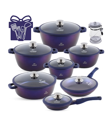LIFE SMILE Cookware Set - Pots and Pans set Granite Non Stick Coating 100% PFOA FREE, Induction Base Cooking Set with Removable Silicone Handles - Oven Safe (Purple Shine, 31 Pieces)
