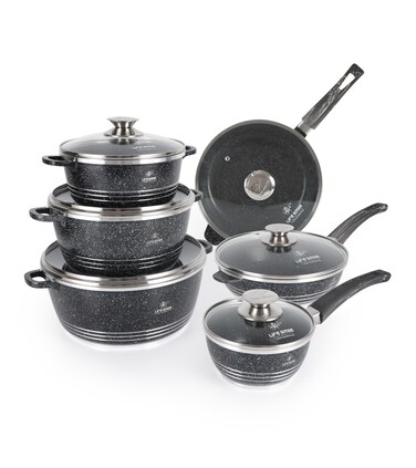 LIFE SMILE Cookware Set 12 Pieces Granite Stone - Pots and Pans set Multi Layer Granite Non Stick Coating Cookware Sets 100% PFOA FREE, Kitchenware Cooking Sets (Black, Deep Pans)
