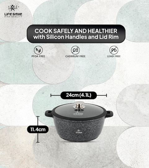 LIFE SMILE Cooking Pot - Multi Layer Non Stick Granite Coating 100% PFOA Free - Glass Lid With Silicone Rim - Detachable Silicone Handles - oven safe (Black, 24CM (4.1 Liters))