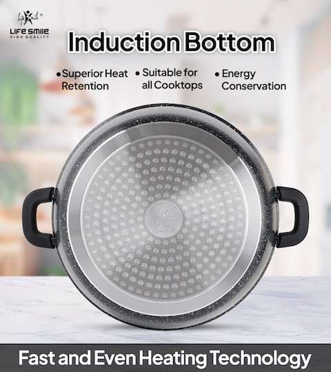 LIFE SMILE Cooking Pot - Multi Layer Non Stick Granite Coating 100% PFOA Free - Glass Lid With Silicone Rim - Detachable Silicone Handles - oven safe (Black, 24CM (4.1 Liters))