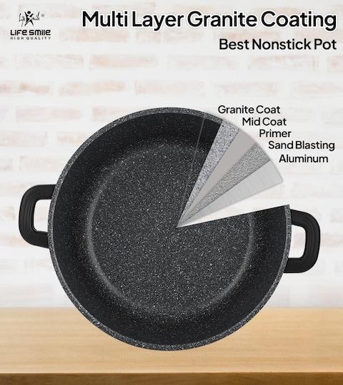 LIFE SMILE Cooking Pot - Multi Layer Non Stick Granite Coating 100% PFOA Free - Glass Lid With Silicone Rim - Detachable Silicone Handles - oven safe (Black, 24CM (4.1 Liters))