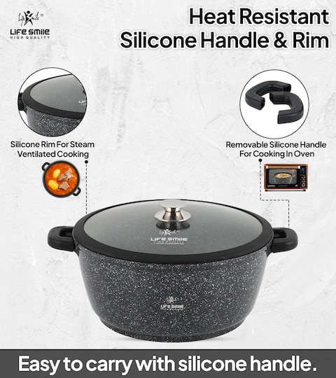 LIFE SMILE Cooking Pot - Multi Layer Non Stick Granite Coating 100% PFOA Free - Glass Lid With Silicone Rim - Detachable Silicone Handles - oven safe (Black, 24CM (4.1 Liters))