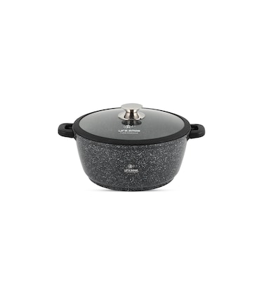 LIFE SMILE Cooking Pot - Multi Layer Non Stick Granite Coating 100% PFOA Free - Glass Lid With Silicone Rim - Detachable Silicone Handles - oven safe (Black, 24CM (4.1 Liters))
