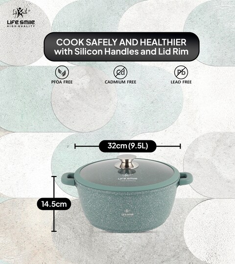 LIFE SMILE Cooking Pot - Multi Layer Non Stick Granite Coating 100% PFOA Free - Glass Lid With Silicone Rim - Detachable Silicone Handles - oven safe (Green, 32CM (9.5 Liters))
