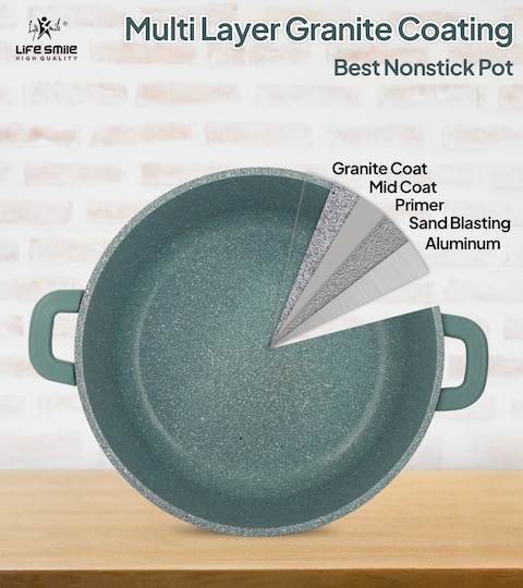 LIFE SMILE Cooking Pot - Multi Layer Non Stick Granite Coating 100% PFOA Free - Glass Lid With Silicone Rim - Detachable Silicone Handles - oven safe (Green, 32CM (9.5 Liters))
