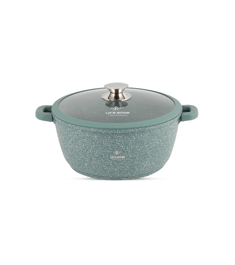 LIFE SMILE Cooking Pot - Multi Layer Non Stick Granite Coating 100% PFOA Free - Glass Lid With Silicone Rim - Detachable Silicone Handles - oven safe (Green, 32CM (9.5 Liters))