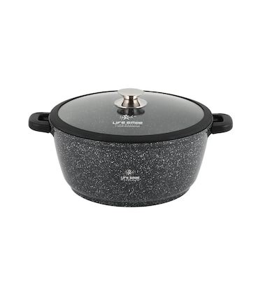 LIFE SMILE Cooking Pot - Multi Layer Non Stick Granite Coating 100% PFOA Free - Glass Lid With Silicone Rim - Detachable Silicone Handles - oven safe (Black, 36CM (13 Liters))