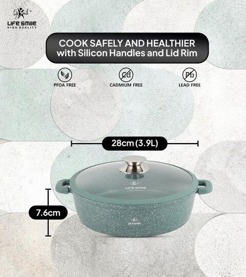 LIFE SMILE Shallow Pot - Multi Layer Non Stick Granite Coating 100% PFOA Free - Glass Lid With Silicone Rim - Detachable Silicone Handles - Oven Safe Frying Pan (Green, 28CM (3.9 Liters))