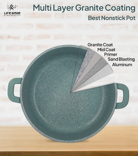 LIFE SMILE Shallow Pot - Multi Layer Non Stick Granite Coating 100% PFOA Free - Glass Lid With Silicone Rim - Detachable Silicone Handles - Oven Safe Frying Pan (Green, 28CM (3.9 Liters))