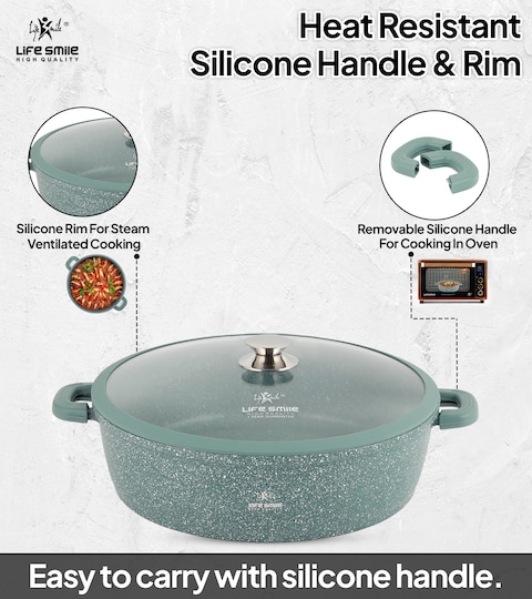 LIFE SMILE Shallow Pot - Multi Layer Non Stick Granite Coating 100% PFOA Free - Glass Lid With Silicone Rim - Detachable Silicone Handles - Oven Safe Frying Pan (Green, 28CM (3.9 Liters))