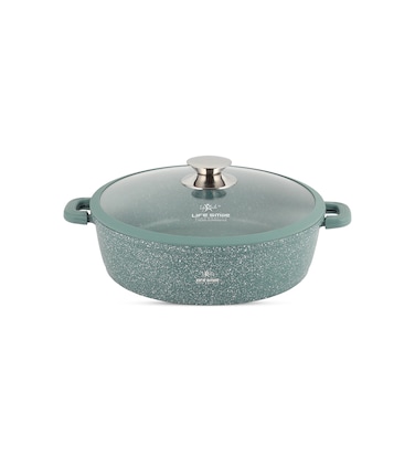 LIFE SMILE Shallow Pot - Multi Layer Non Stick Granite Coating 100% PFOA Free - Glass Lid With Silicone Rim - Detachable Silicone Handles - Oven Safe Frying Pan (Green, 28CM (3.9 Liters))