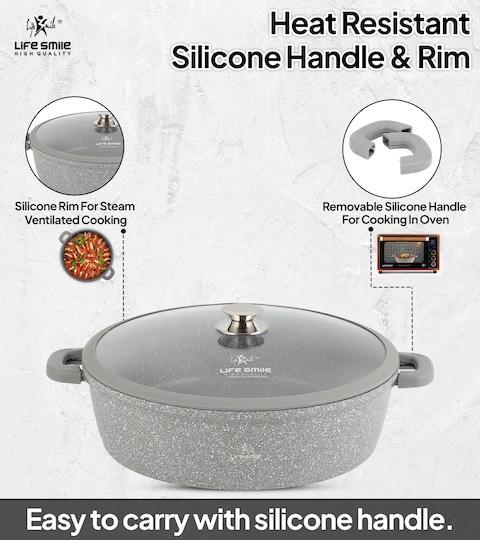 LIFE SMILE Shallow Pot - Multi Layer Non Stick Granite Coating 100% PFOA Free - Glass Lid With Silicone Rim - Detachable Silicone Handles - Oven Safe Frying Pan (Grey, 28CM (3.9 Liters))