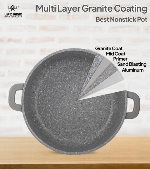 LIFE SMILE Shallow Pot - Multi Layer Non Stick Granite Coating 100% PFOA Free - Glass Lid With Silicone Rim - Detachable Silicone Handles - Oven Safe Frying Pan (Grey, 28CM (3.9 Liters))