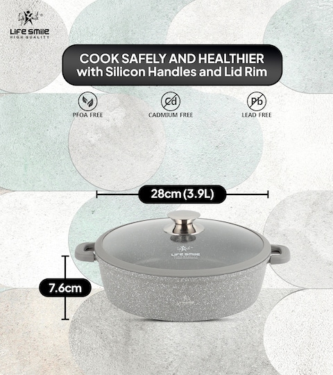 LIFE SMILE Shallow Pot - Multi Layer Non Stick Granite Coating 100% PFOA Free - Glass Lid With Silicone Rim - Detachable Silicone Handles - Oven Safe Frying Pan (Grey, 28CM (3.9 Liters))