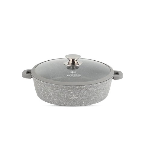 LIFE SMILE Shallow Pot - Multi Layer Non Stick Granite Coating 100% PFOA Free - Glass Lid With Silicone Rim - Detachable Silicone Handles - Oven Safe Frying Pan (Grey, 28CM (3.9 Liters))