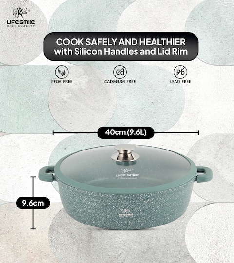 LIFE SMILE Shallow Pot - Multi Layer Non Stick Granite Coating 100% PFOA Free - Glass Lid With Silicone Rim - Detachable Silicone Handles - Oven Safe Frying Pan (Green, 40CM (9.6 Liters))