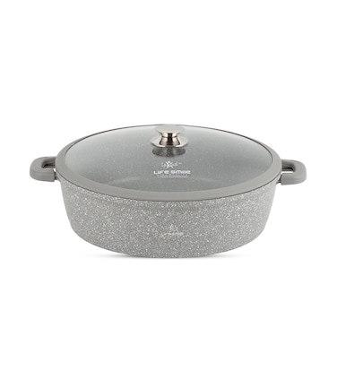 LIFE SMILE Shallow Pot - Multi Layer Non Stick Granite Coating 100% PFOA Free - Glass Lid With Silicone Rim - Detachable Silicone Handles - Oven Safe Frying Pan (Grey, 40CM (9.6 Liters))