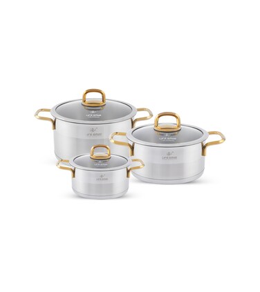 LIFE SMILE Cookware Set 6 Pieces - Pure 18/10 Stainless Steel Set - 16/20/24 CM Induction Base Pots Set - Non-Toxic, 100% PFOA, PTFE &amp; PFOS Free - Oven Safe Kitchen cookware Sets (Gold)