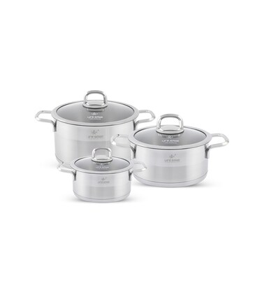 LIFE SMILE Cookware Set 6 Pieces - Pure 18/10 Stainless Steel Set - 16/20/24 CM Induction Base Pots Set - Non-Toxic, 100% PFOA, PTFE &amp; PFOS Free - Oven Safe Kitchen cookware Sets (Silver)