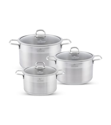 LIFE SMILE Cookware Set 6 Pieces - Pure 18/10 Stainless Steel Set - 24/28/32 CM Induction Base Pots Set - Non-Toxic, 100% PFOA, PTFE &amp; PFOS Free - Oven Safe Kitchen cookware Sets (Silver)