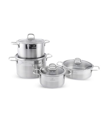 LIFE SMILE Cookware Set 8 Pieces - Pure 18/10 Stainless Steel Set - Induction Base Pots and Pans Set - Non-Toxic, 100% PFOA, PTFE &amp; PFOS Free - Oven Safe Kitchen cookware Sets (Silver)