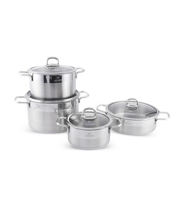 LIFE SMILE Cookware Set 8 Pieces - Pure 18/10 Stainless Steel Set - Induction Base Pots and Pans Set - Non-Toxic, 100% PFOA, PTFE &amp; PFOS Free - Oven Safe Kitchen cookware Sets (Silver)