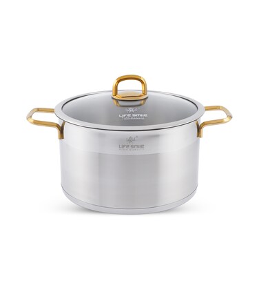 LIFE SMILE Cooking Pot with Lid 18/10 Pure Stainless Steel - Thick Induction Base Double Handle Stock Pot - Non-Toxic, 100% PFOA, PTFE &amp; PFOS Free - Oven Safe Casserole (Gold, 26 CM (7.3 Liters))