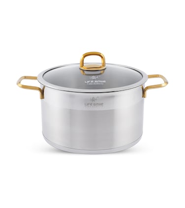 LIFE SMILE Cooking Pot with Lid 18/10 Pure Stainless Steel - Thick Induction Base Double Handle Stock Pot - Non-Toxic, 100% PFOA, PTFE &amp; PFOS Free - Oven Safe Casserole (Gold, 28 CM (9.7 Liters))